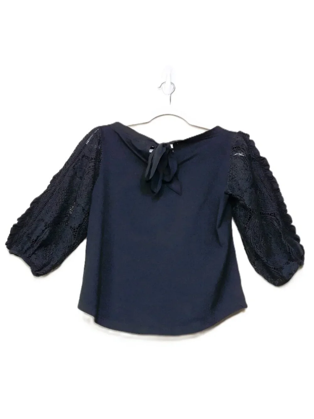 Anthropologie Boho Top Lace Open Work 3/4 Puff Sleeves Black